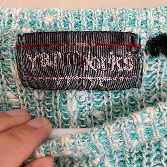 Yarn Works Petite Mint Green White Knit Short Sleeve Sweater - Picture 3 of 7